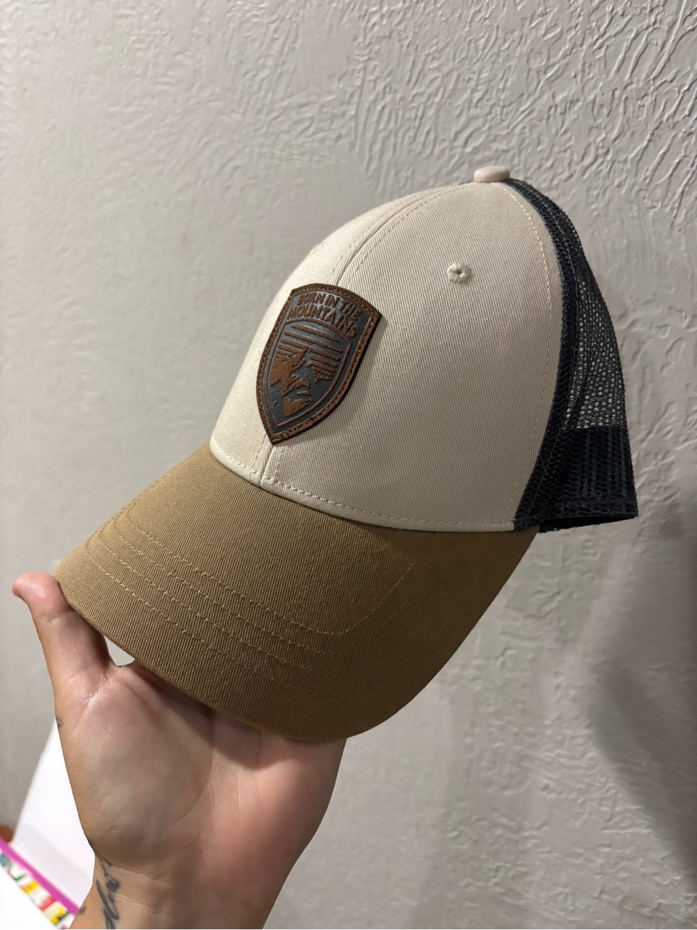 KUHL Born in the Mountains Trucker Adjustable Snapback Hat Tan/Cream/Black